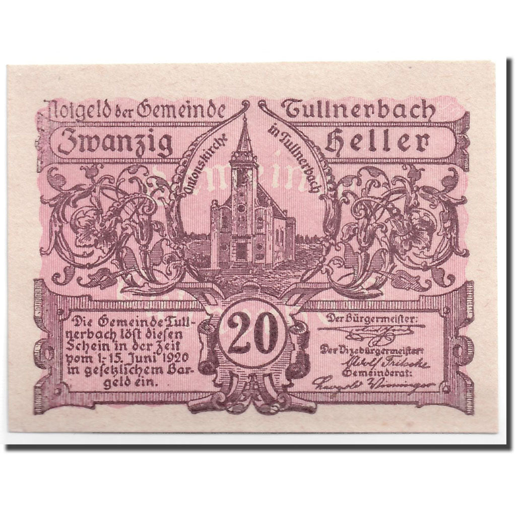 Banknote, Austria, Tullnerbach, 20 Heller, Eglise, 1920, 1920-06-15, UNC(63)
