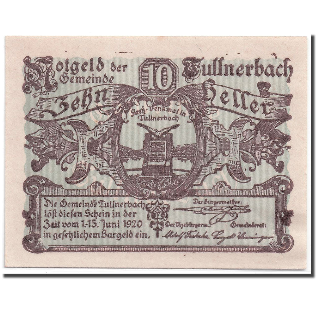 Geldschein, Österreich, Tullnerbach, 10 Heller, Monument, 1920, 1920-06-15