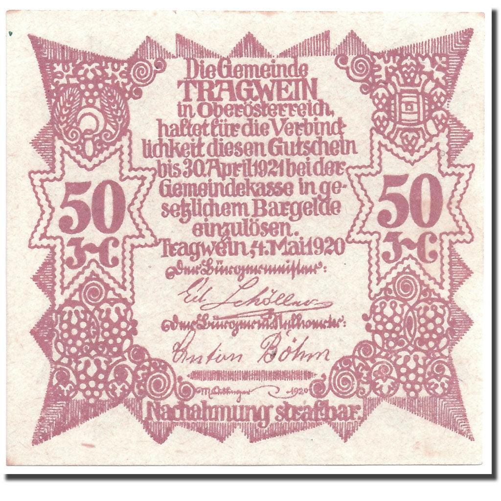 Banknote, Austria, Tragwein, 50 Heller, paysage, 1920, 1920-05-04, UNC(63)