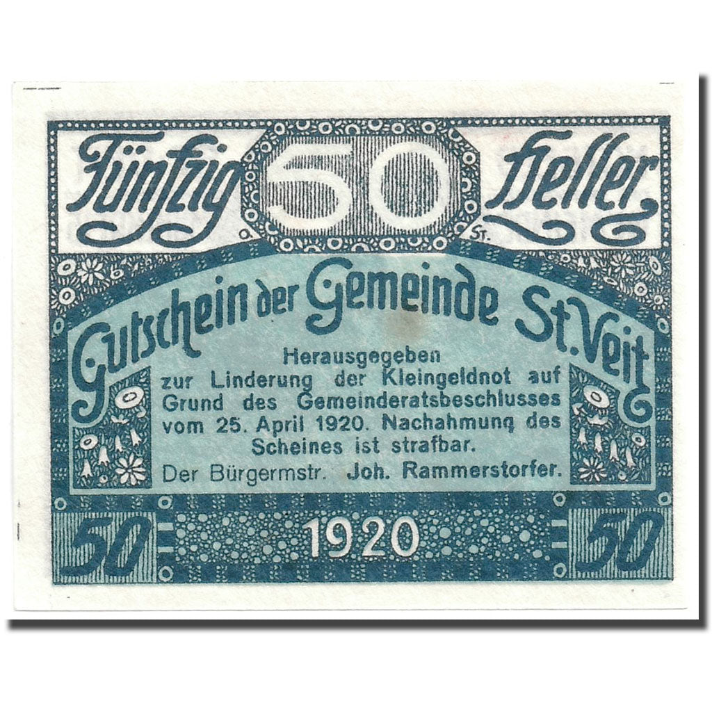 Geldschein, Österreich, St. Veit Im Muhlkreis, 50 Heller, paysage, 1920