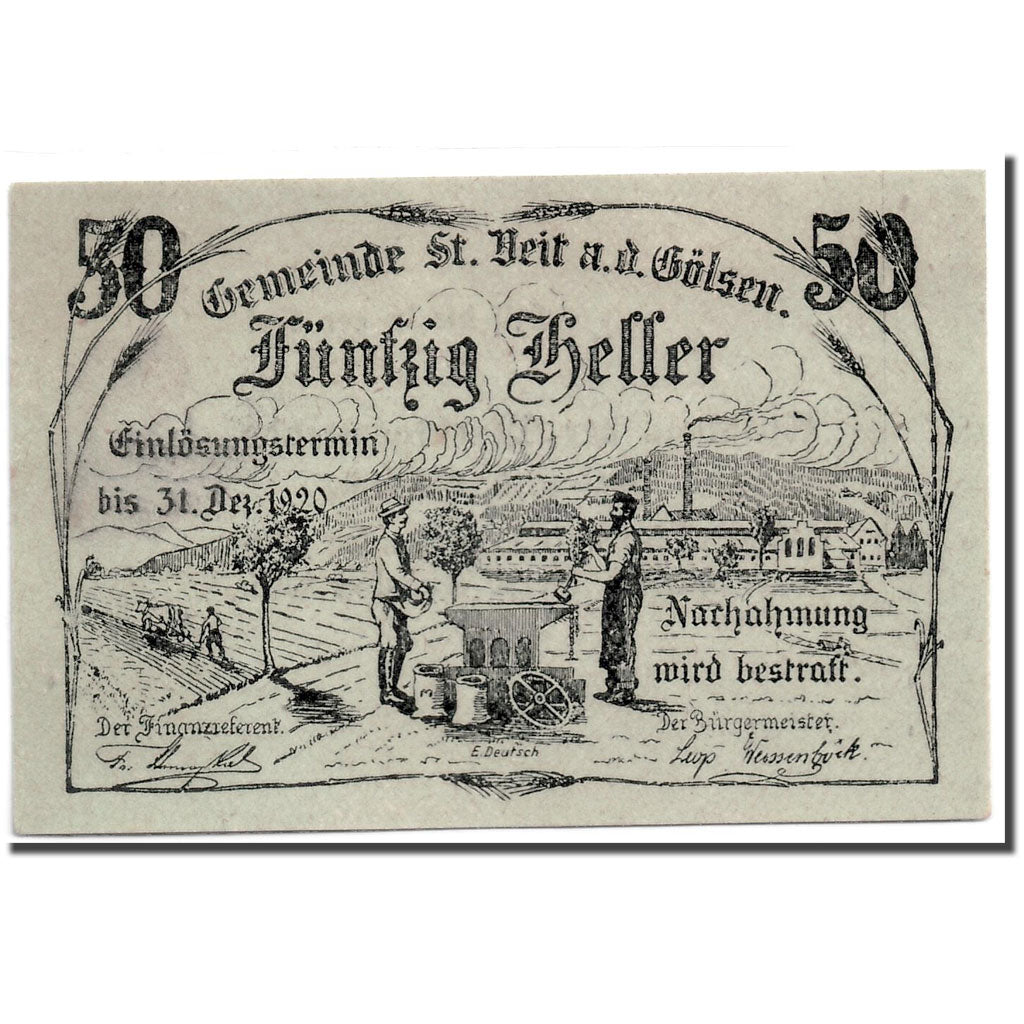 Banknote, Austria, St Veit a.d Gölsen, 50 Heller, personnage, 1920, UNC(63)