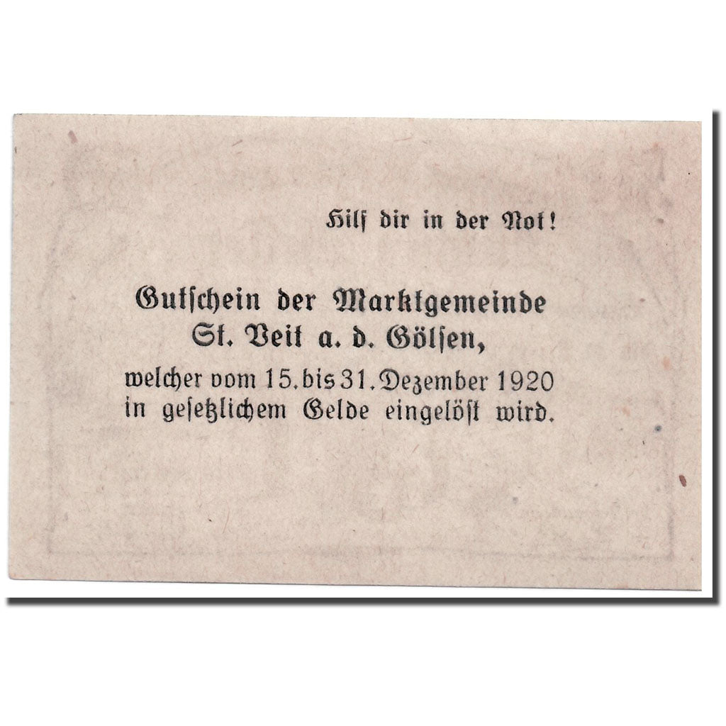 Banknote, Austria, St Veit a.d Gölsen, 50 Heller, personnage, 1920, UNC(63)