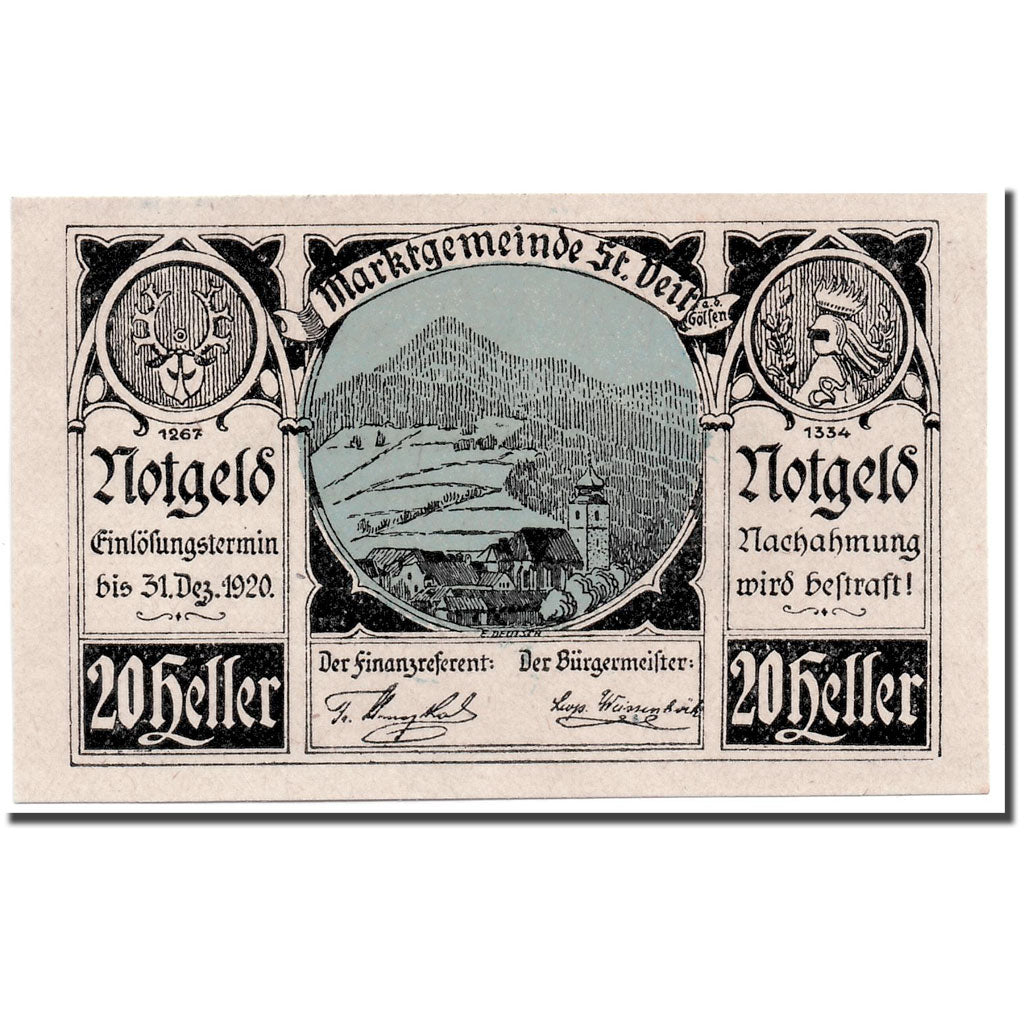 Banknote, Austria, St Veit a.d Gölsen, 20 Heller, paysage, 1920, UNC(63)