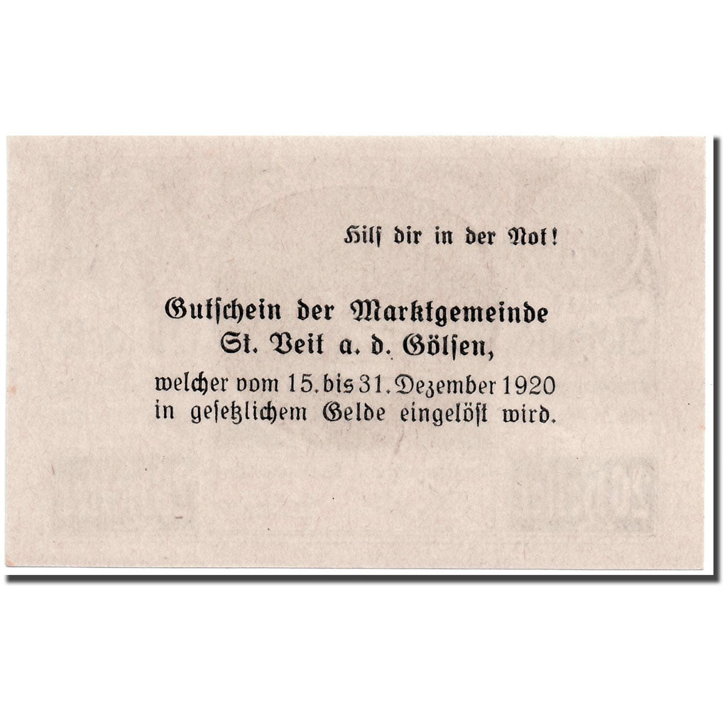 Banknote, Austria, St Veit a.d Gölsen, 20 Heller, paysage, 1920, UNC(63)