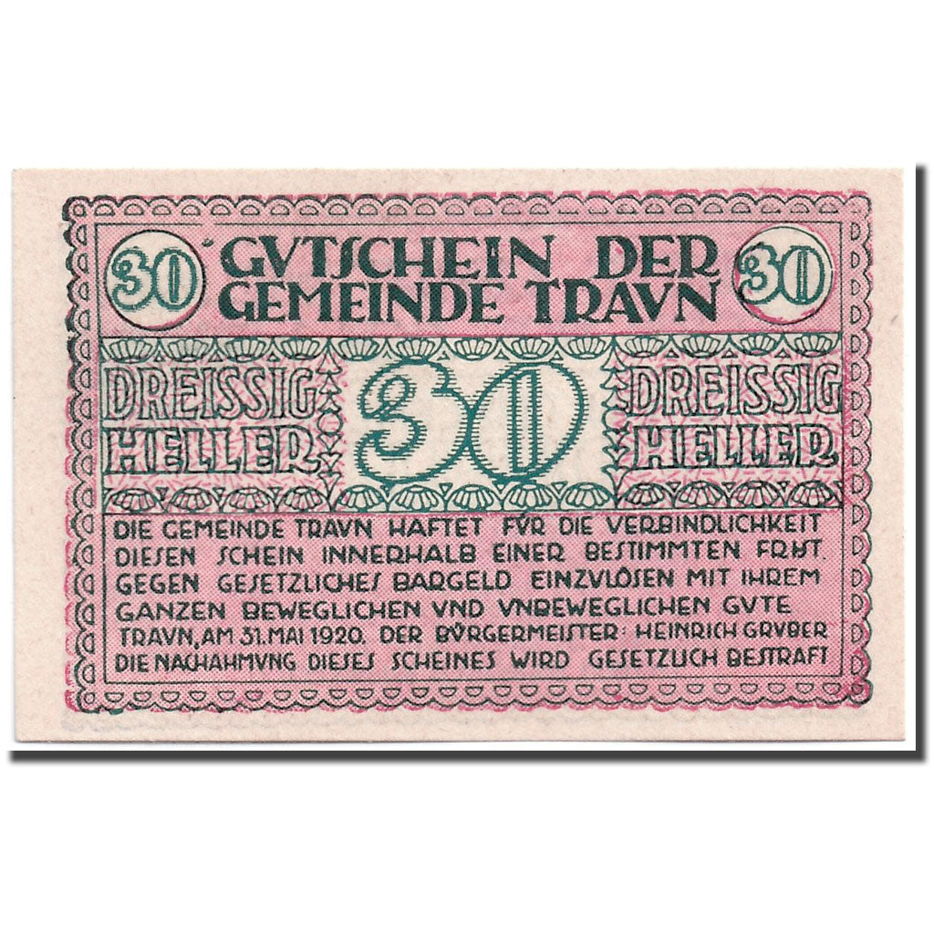 Banknote, Austria, Traun, 30 Heller, graphique, 1920, 1921-05-31, UNC(63)