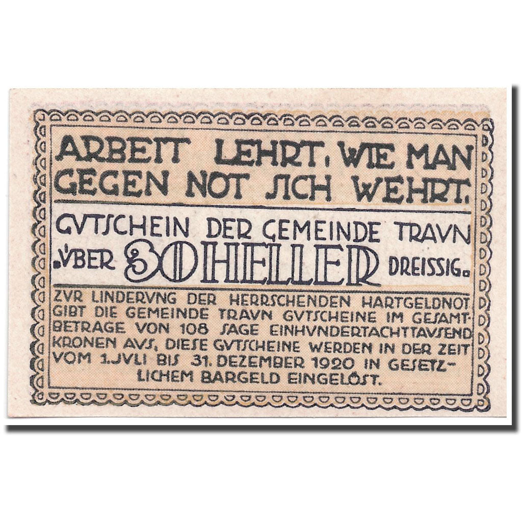 Banknote, Austria, Traun, 30 Heller, graphique, 1920, 1921-05-31, UNC(63)