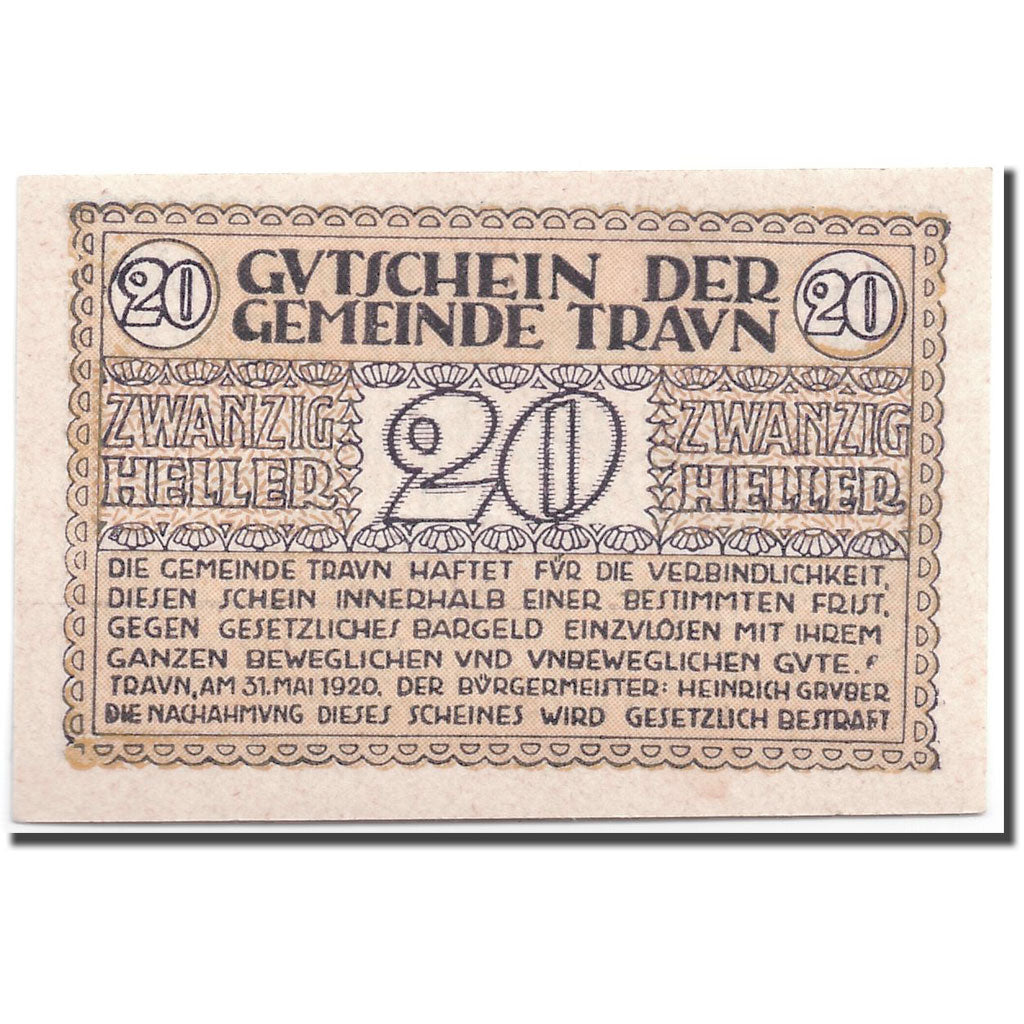 Banknote, Austria, Traun, 20 Heller, graphique, 1920, 1921-05-31, UNC(63)