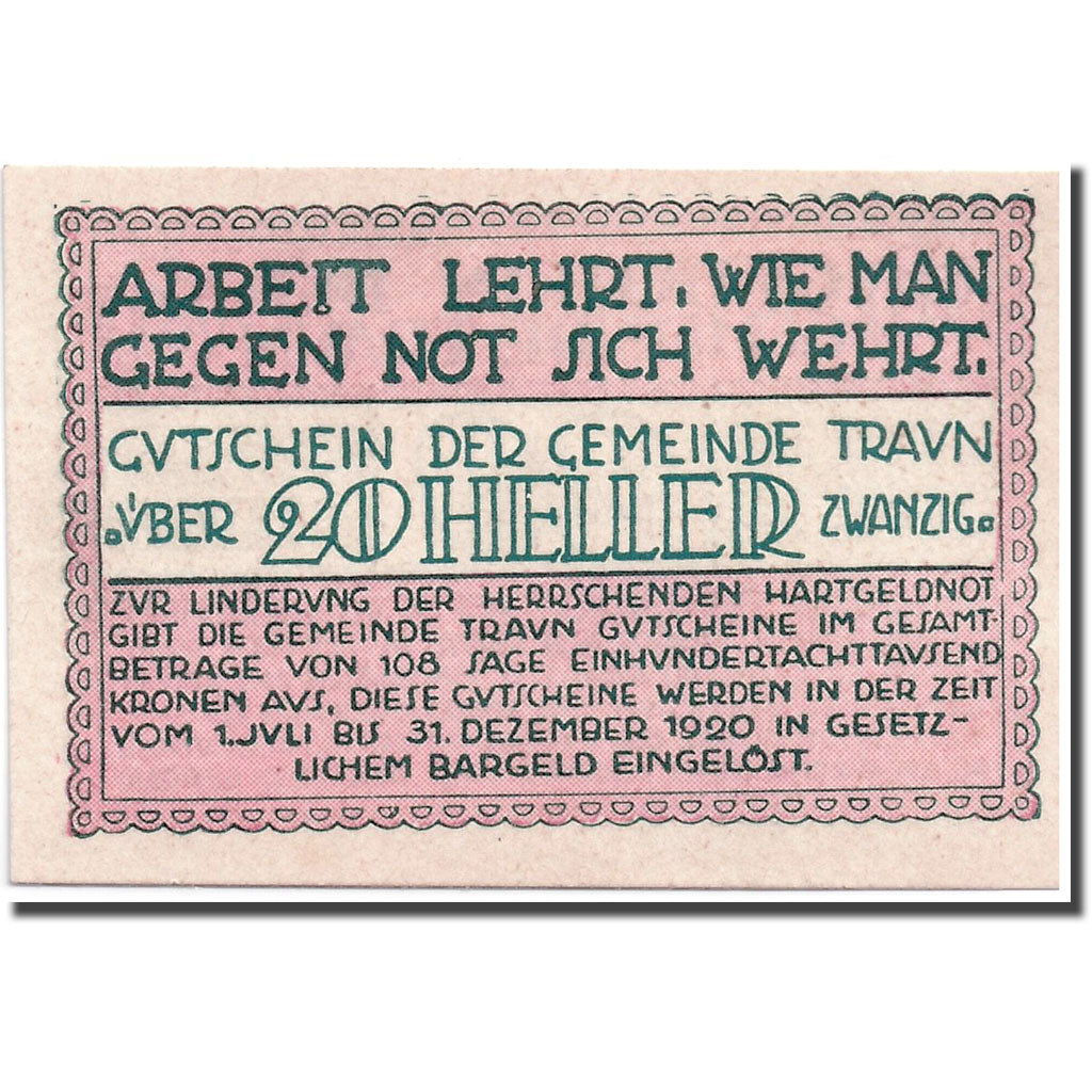 Banknote, Austria, Traun, 20 Heller, graphique, 1920, 1921-05-31, UNC(63)