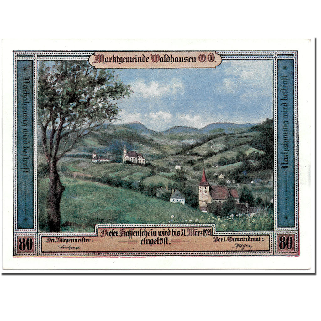 Banknote, Austria, Waldhausen, 80 Heller, paysage, 1921, UNC(63), Mehl:1131