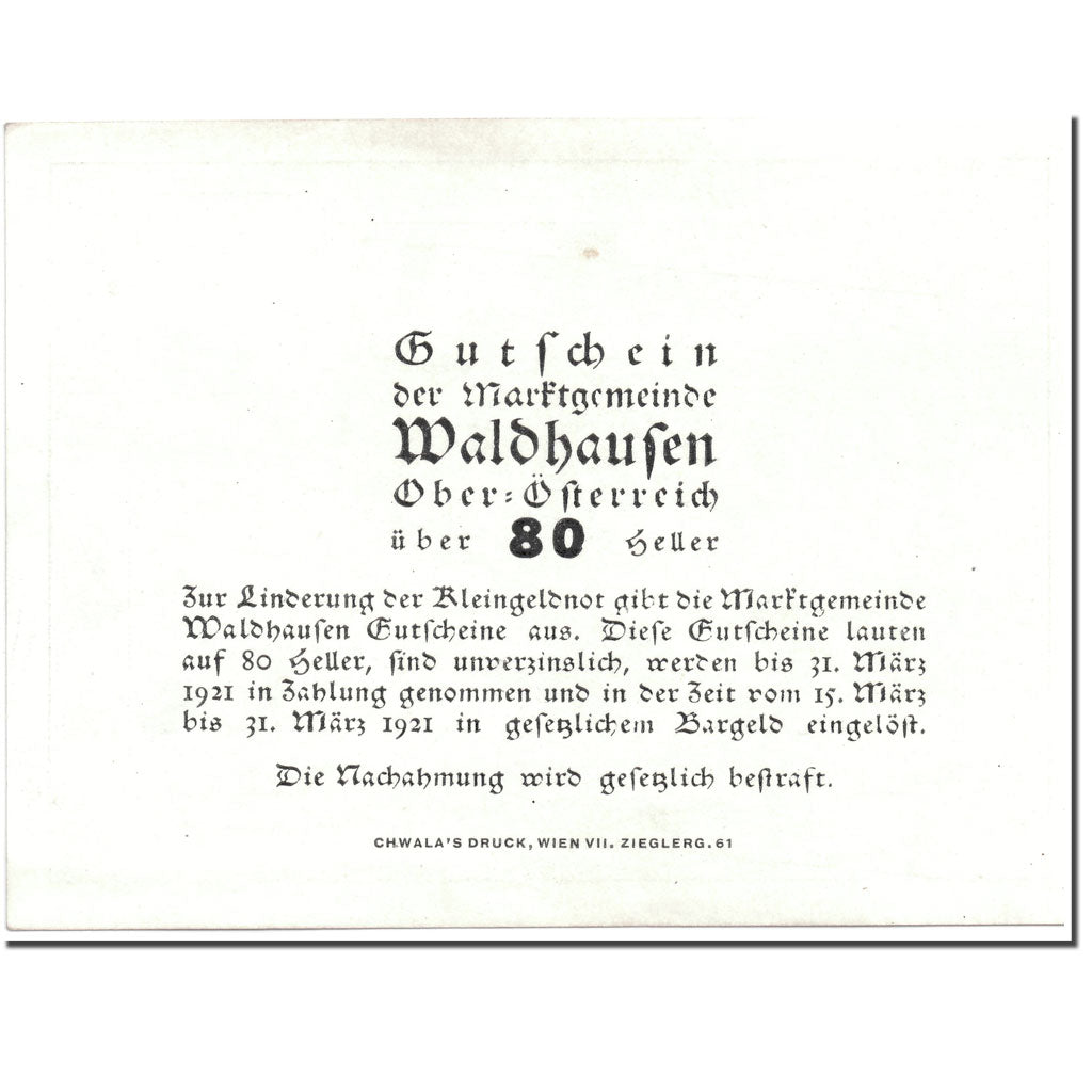Banknote, Austria, Waldhausen, 80 Heller, paysage, 1921, UNC(63), Mehl:1131