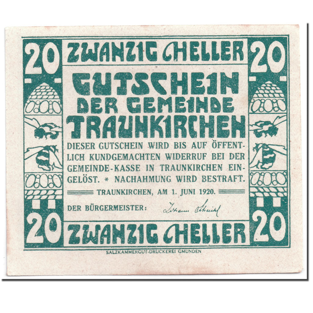Banknote, Austria, Traunkirchen, 20 Heller, château, 1920, 1920-06-01, UNC(63)