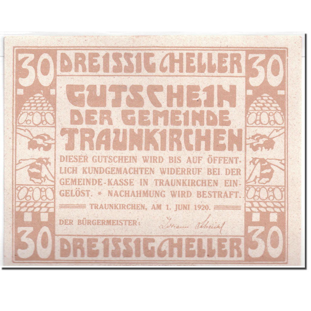 Banknote, Austria, Traunkirchen, 30 Heller, personnage, 1920, 1920-06-01
