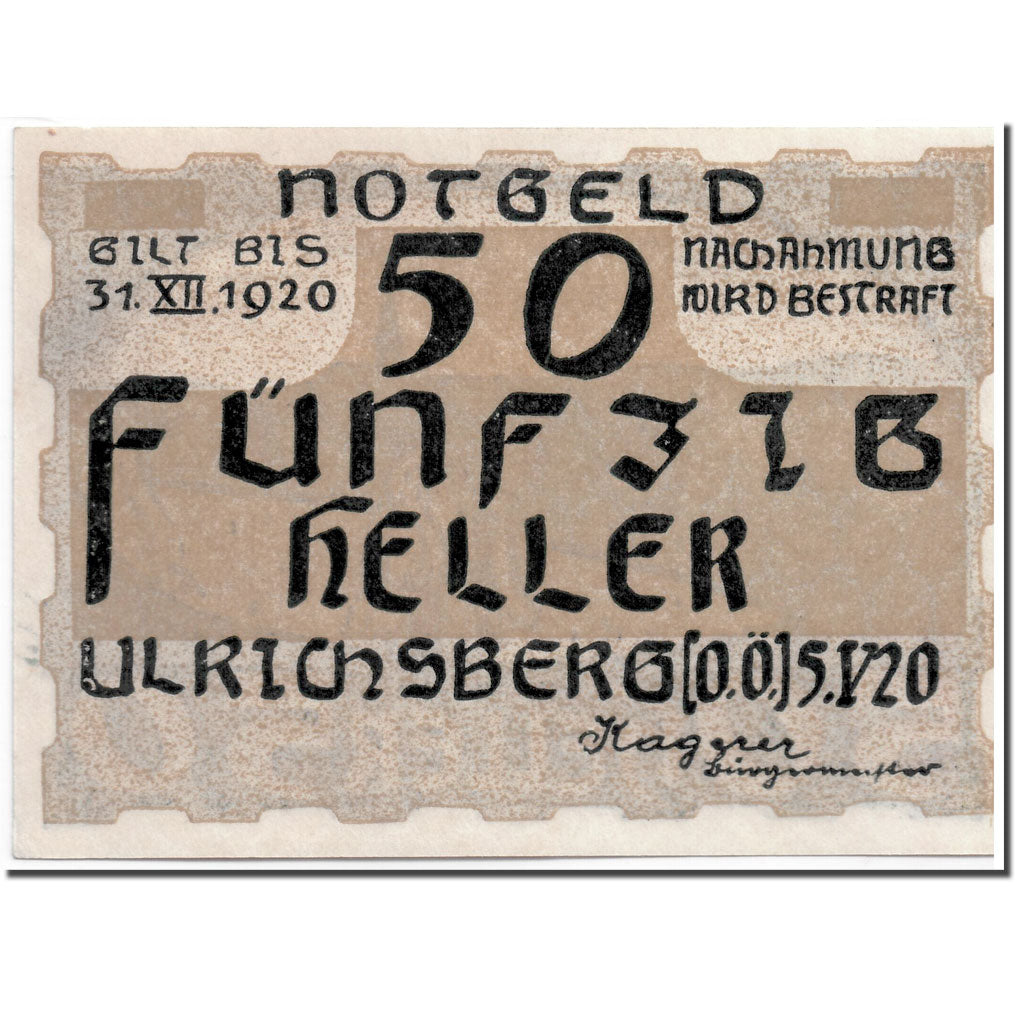 Banknote, Austria, Ulrichsberg, 50 Heller, paysage, 1920, 1920-05-05, UNC(63)