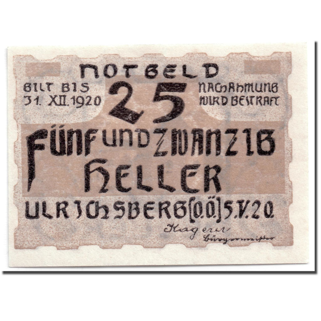 Banknote, Austria, Ulrichsberg, 25 Heller, paysage, 1920, 1920-05-05, UNC(63)