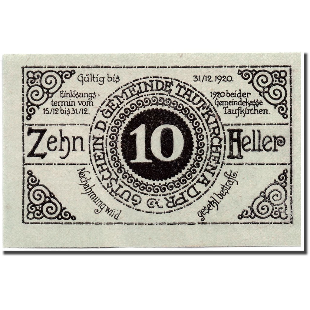 Geldschein, Österreich, Taufkirchen an der Pram, 10 Heller, paysage, 1920