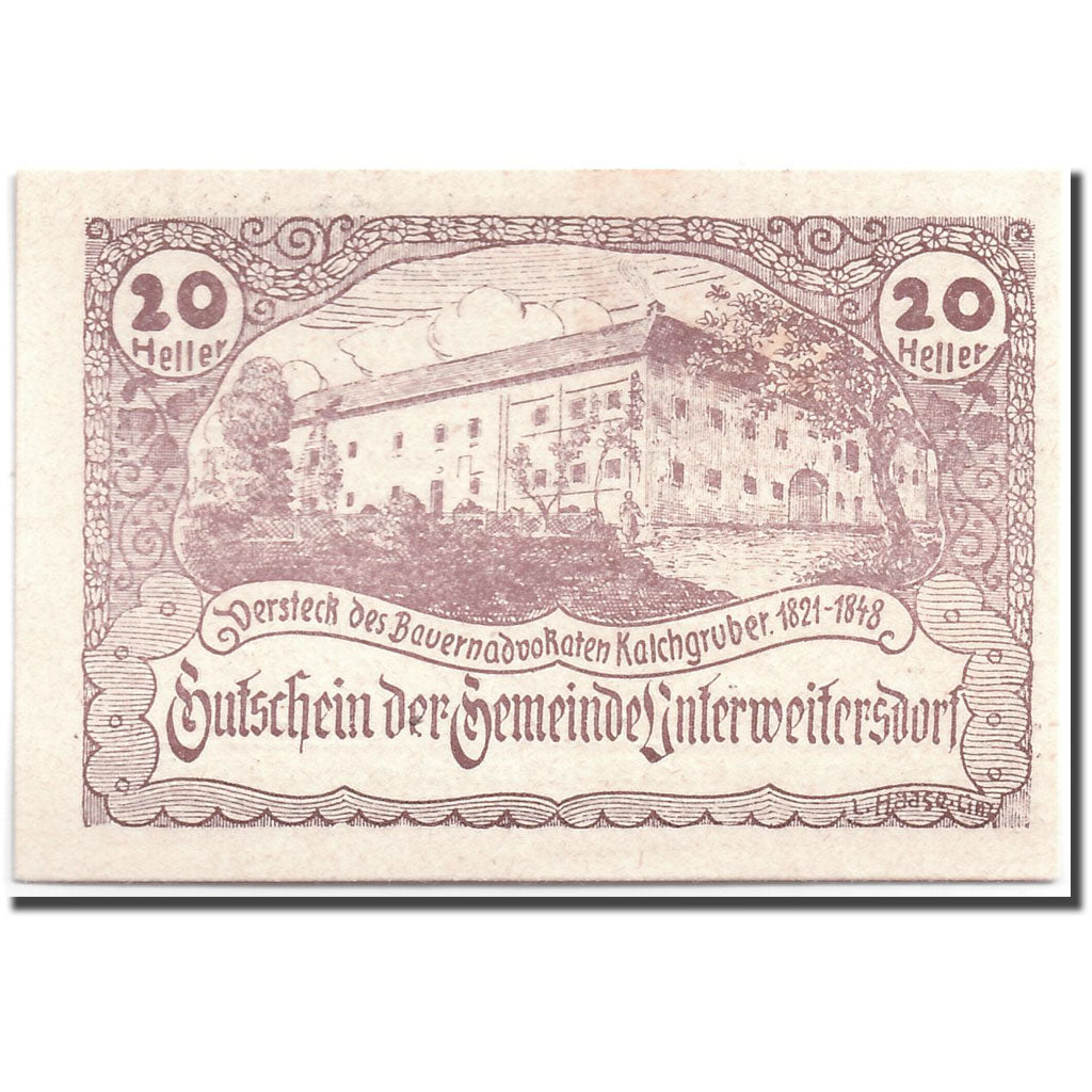 Banconote, Austria, Unterweitersdorf, 20 Heller, paysage, 1920, 1920-05-15, SPL