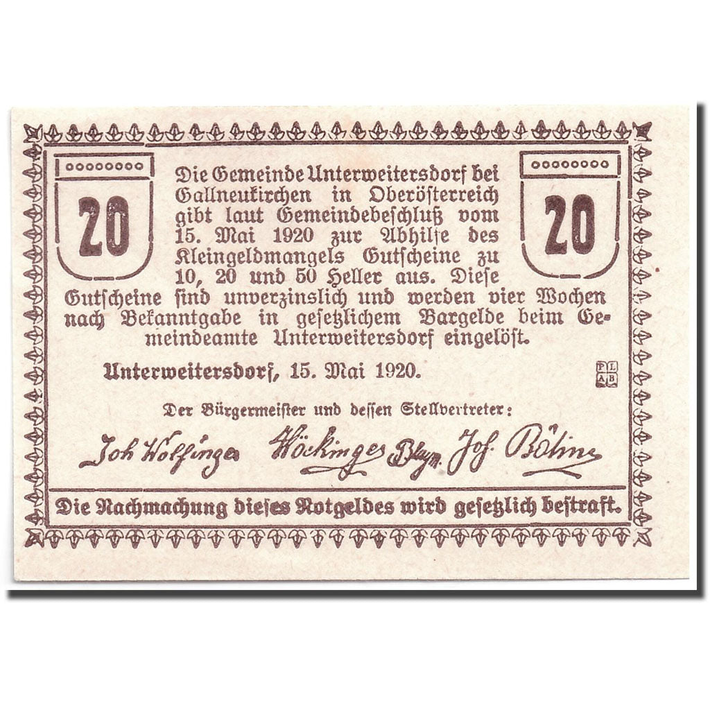 Banconote, Austria, Unterweitersdorf, 20 Heller, paysage, 1920, 1920-05-15, SPL