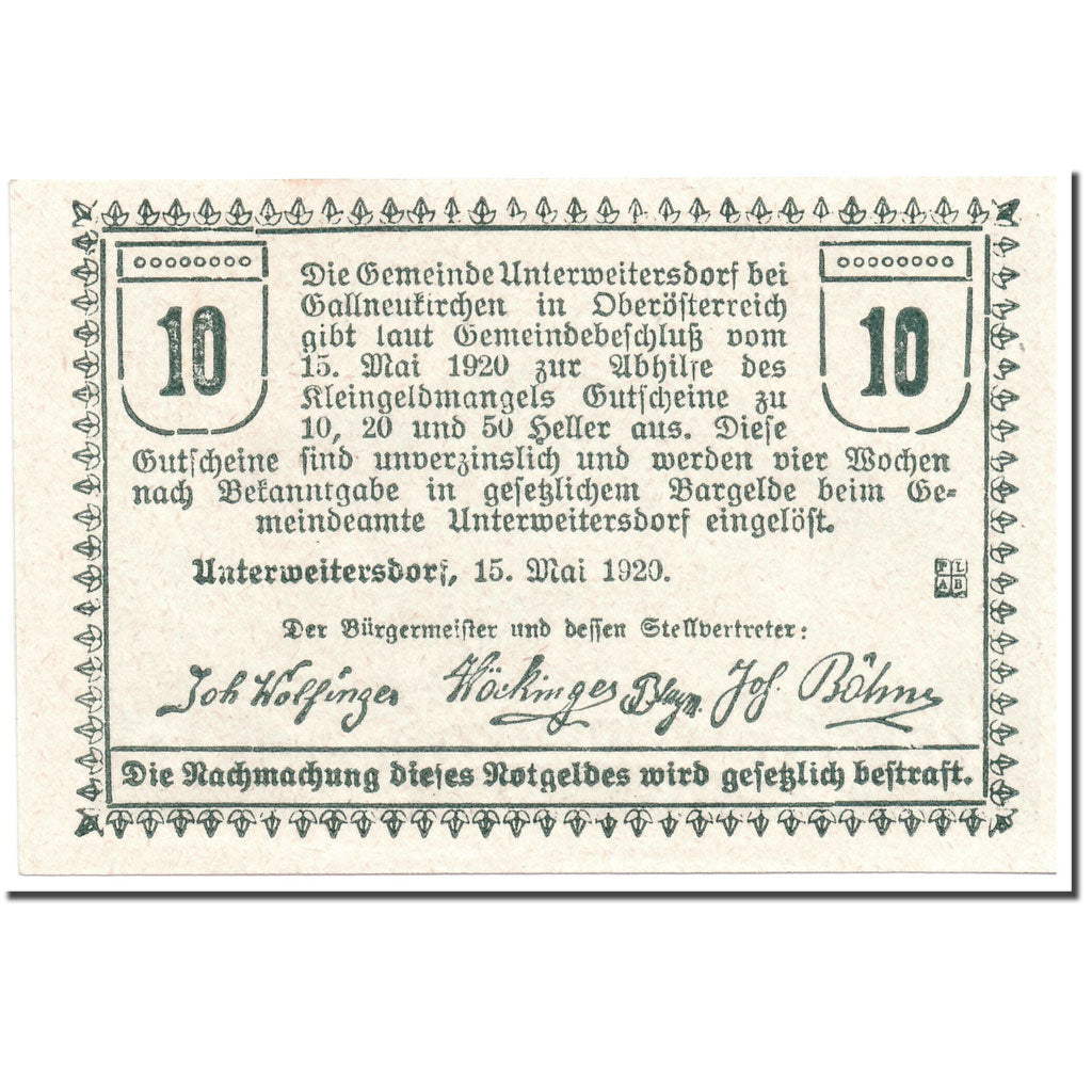 Geldschein, Österreich, Unterweitersdorf, 10 Heller, paysage, 1920, 1920-05-15