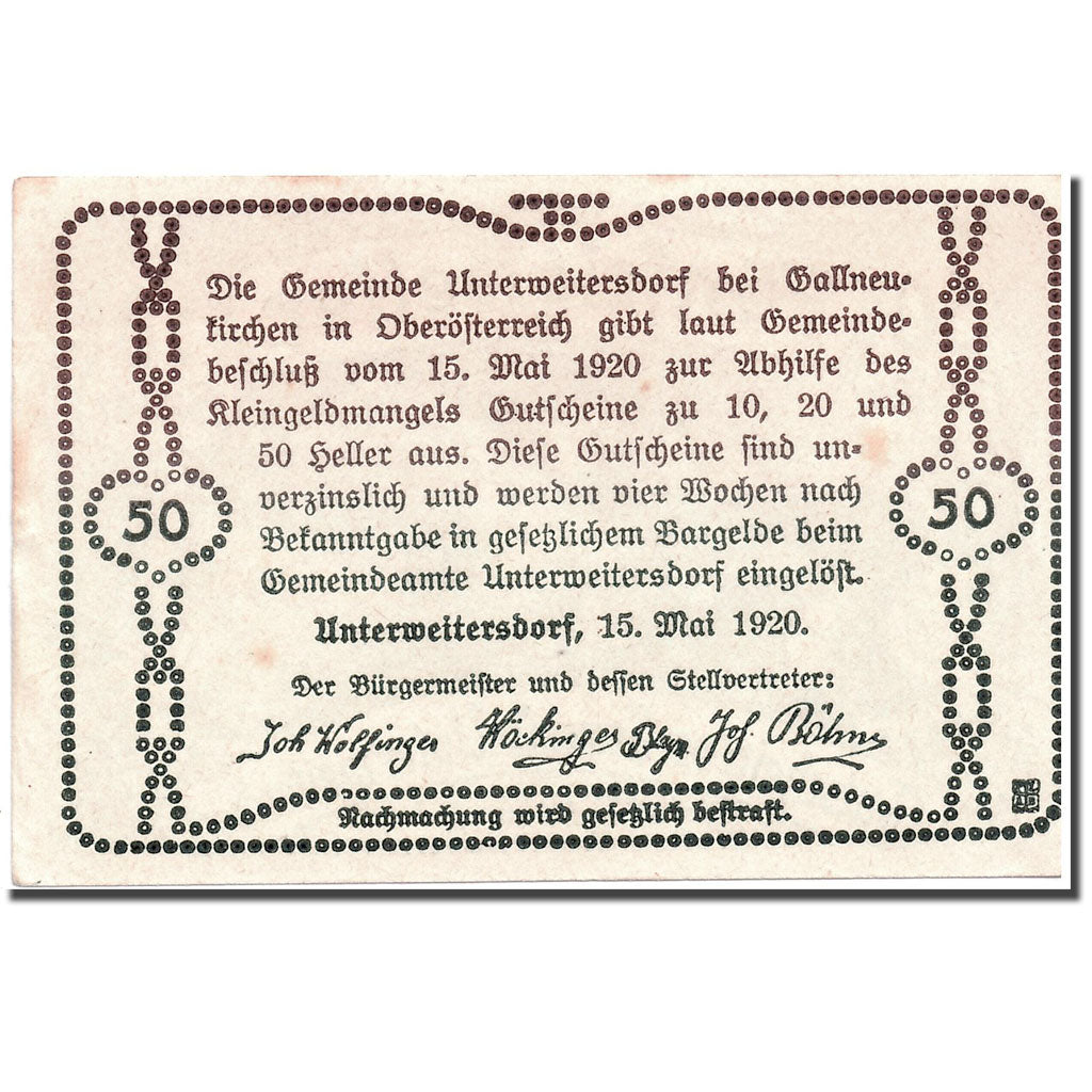 Banconote, Austria, Unterweitersdorf, 50 Heller, paysage, 1920, 1920-05-15, SPL
