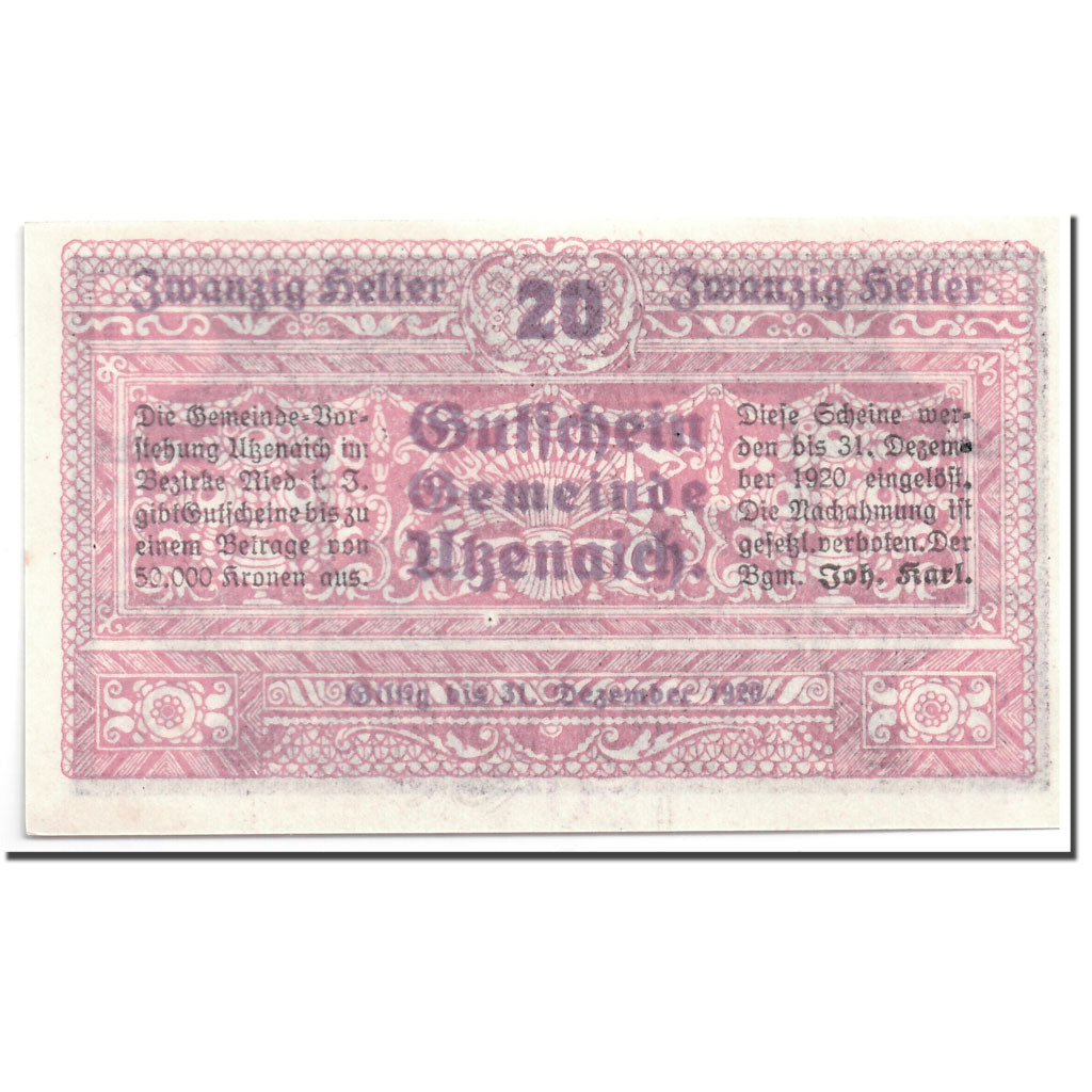 Geldschein, Österreich, Utzenaich, 20 Heller, paysage, 1920, UNZ-, Mehl:1107