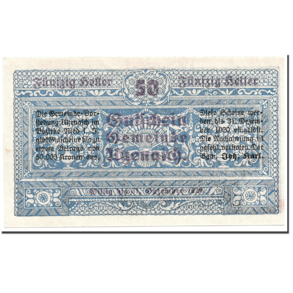 Banknote, Austria, Utzenaich, 50 Heller, paysage, 1920, UNC(63), Mehl:1107