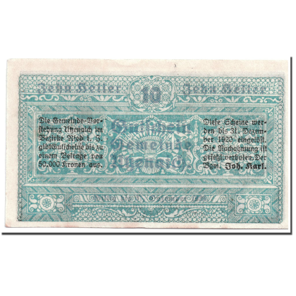 Banknote, Austria, Utzenaich, 10 Heller, paysage, 1920, UNC(63), Mehl:1107