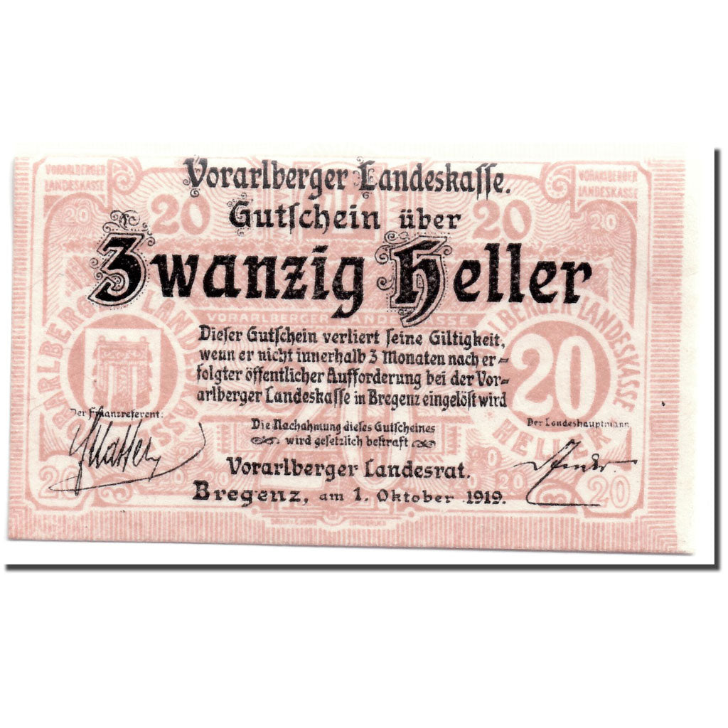 Banknote, Austria, Vorarlberger, 20 Heller, Ecusson, 1919, 1919-10-01, UNC(63)