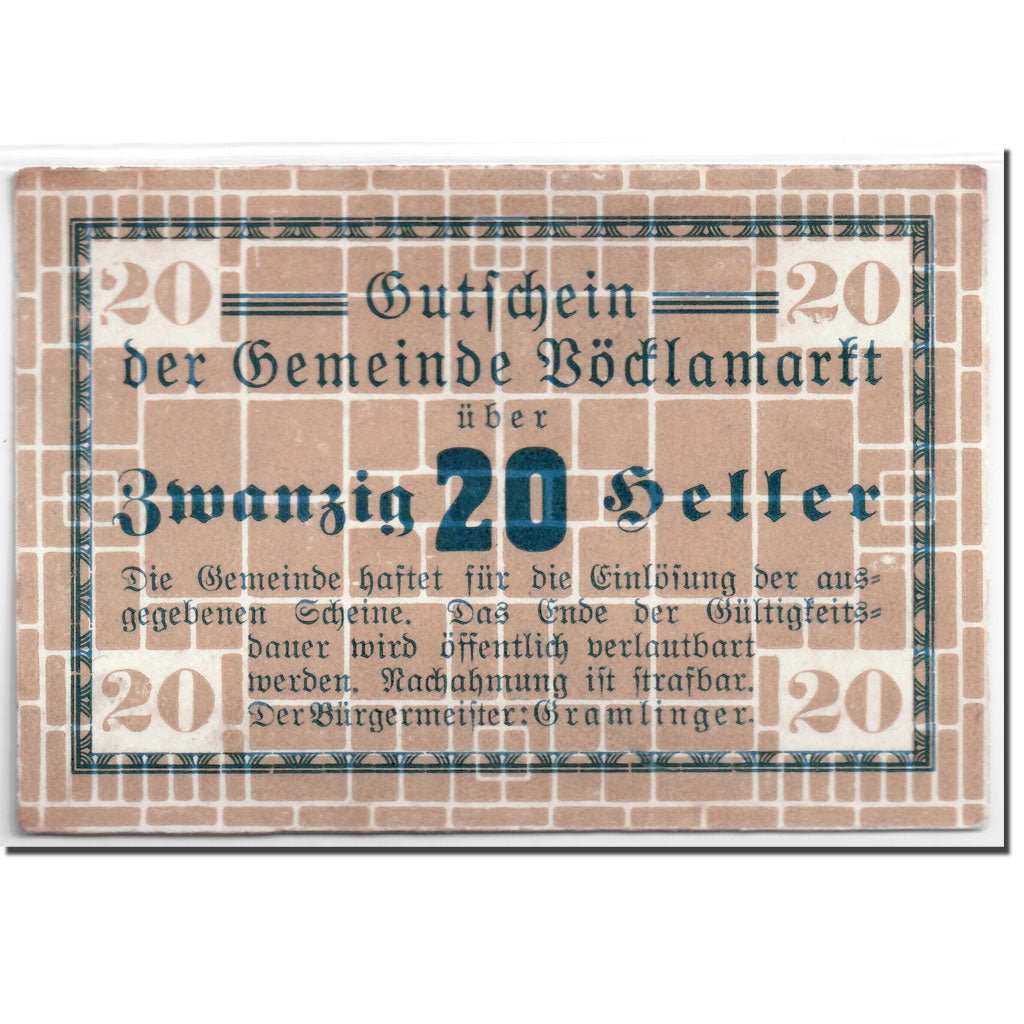 Geldschein, Österreich, Vöcklamarkt, 20 Heller, graphique, UNZ-, Mehl:1117Ia