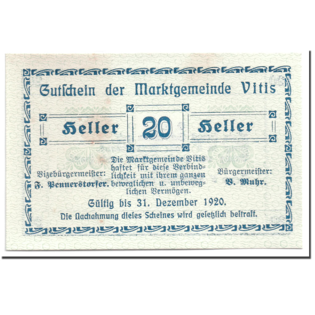 Banknote, Austria, Vitis, 20 Heller, graphique, 1920, UNC(63), Mehl:1115