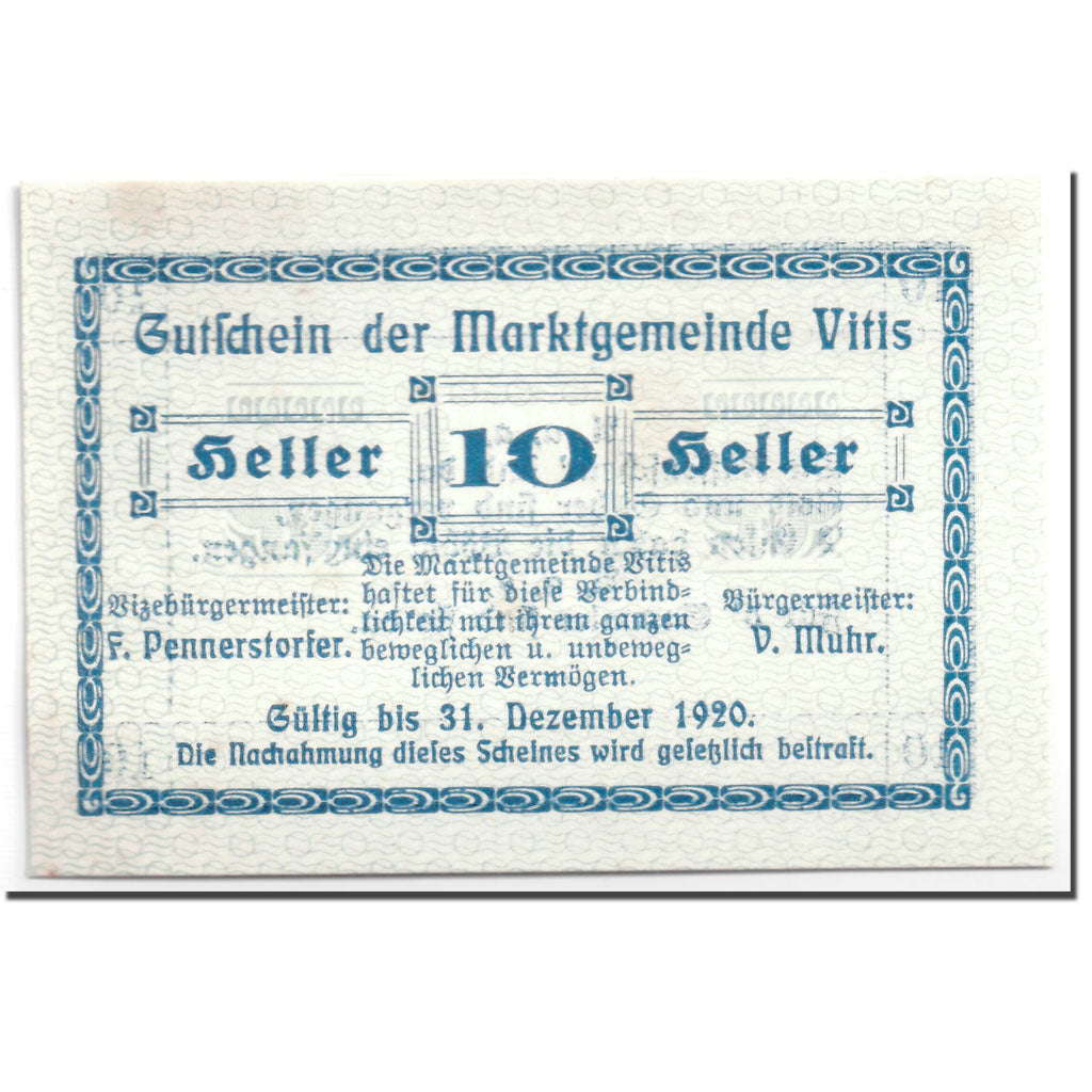 Banknot, Austria, Vitis, 10 Heller, graphique, 1920, Undated, UNC(63), Mehl:1115