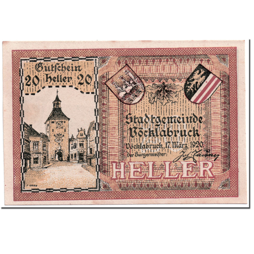 Banknote, Austria, Vocklabruck, 20 Heller, paysage, 1920, 1920-03-17, UNC(63)