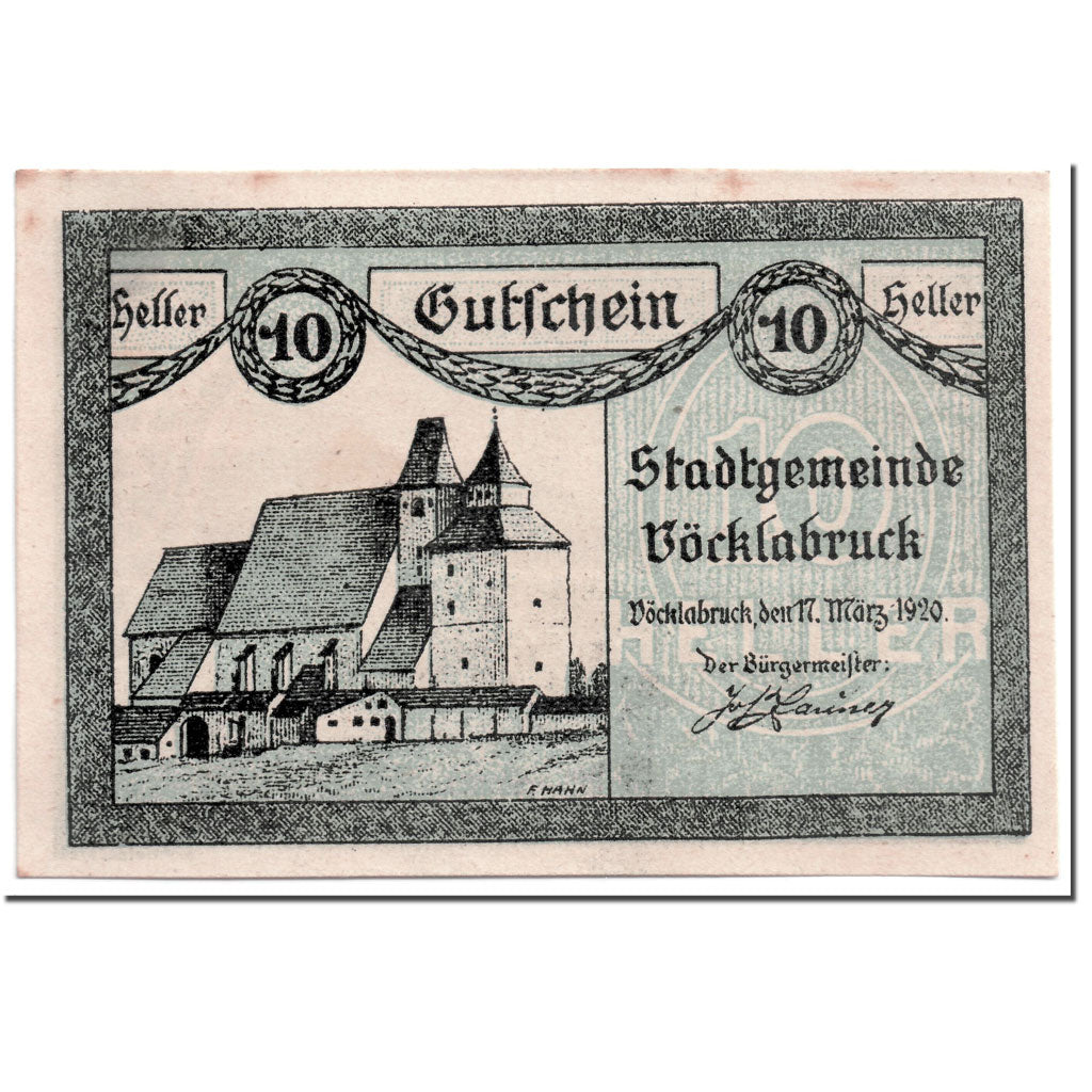 Banconote, Austria, Vocklabruck, 10 Heller, paysage, 1920, 1920-03-17, SPL