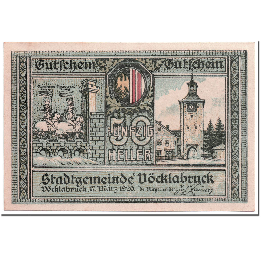 Banknote, Austria, Vocklabruck, 50 Heller, paysage, 1920, 1920-03-17, UNC(63)