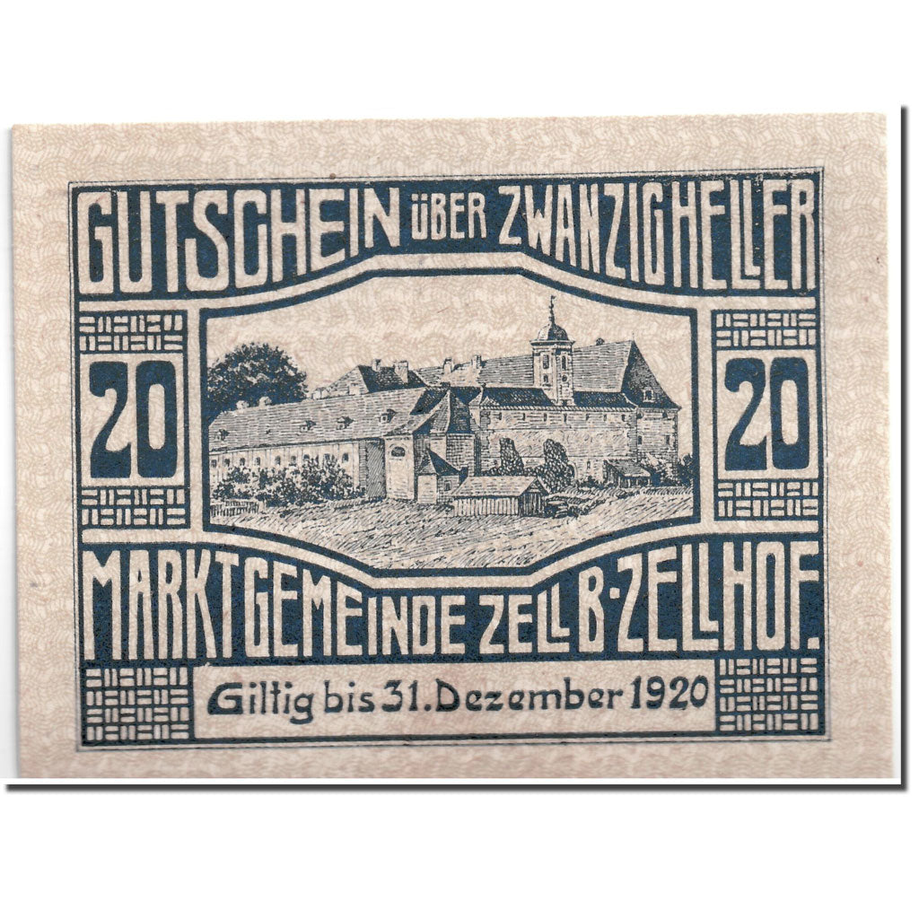 Banconote, Austria, Zell B. Zellhof, 20 Heller, paysage, 1920, 1920-12-31, SPL