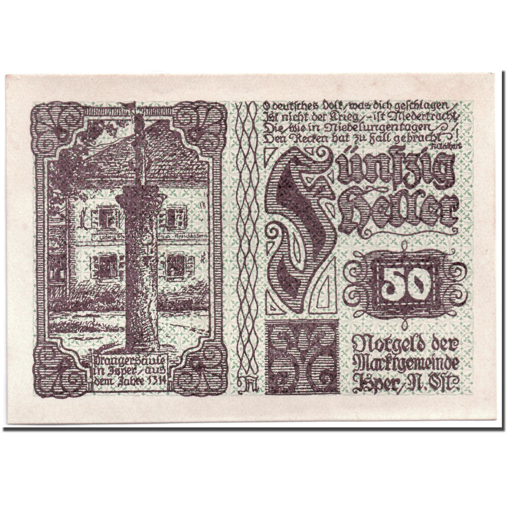Banknote, Austria, Ysper, 50 Heller, Monument, 1920, 1920-04-11, UNC(63)