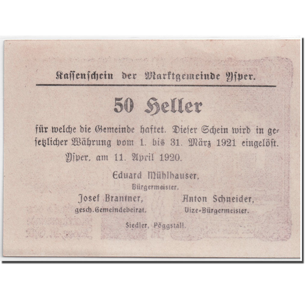 Banknote, Austria, Ysper, 50 Heller, Monument, 1920, 1920-04-11, UNC(63)