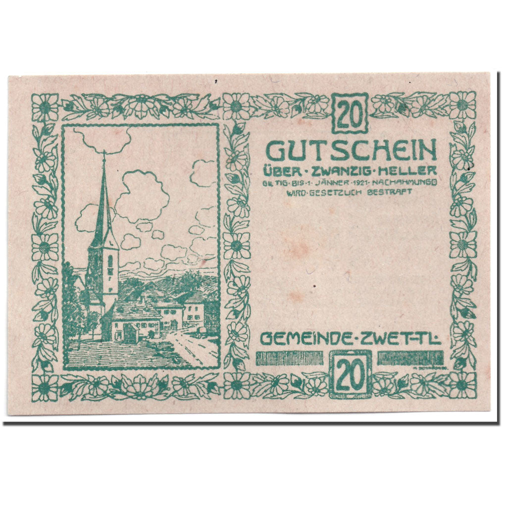 Geldschein, Österreich, Zwettl, 20 Heller, paysage, 1920, 1920-04-25, UNZ-
