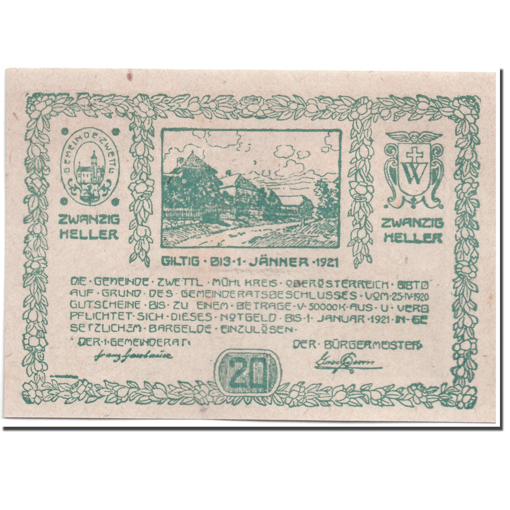 Geldschein, Österreich, Zwettl, 20 Heller, paysage, 1920, 1920-04-25, UNZ-
