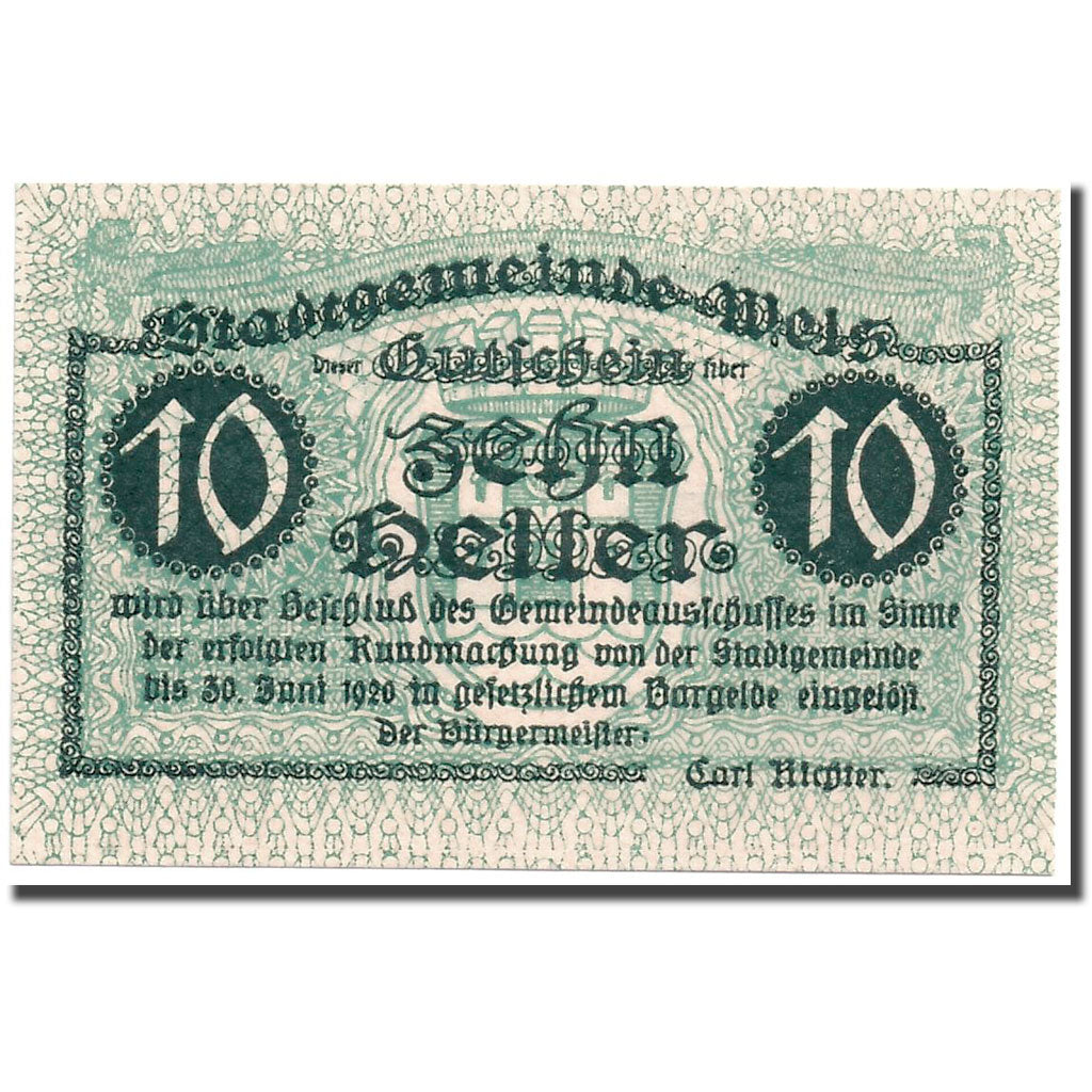 Banconote, Austria, Wels, 10 Heller, château, 1920, 1920-06-30, SPL, Mehl:1167