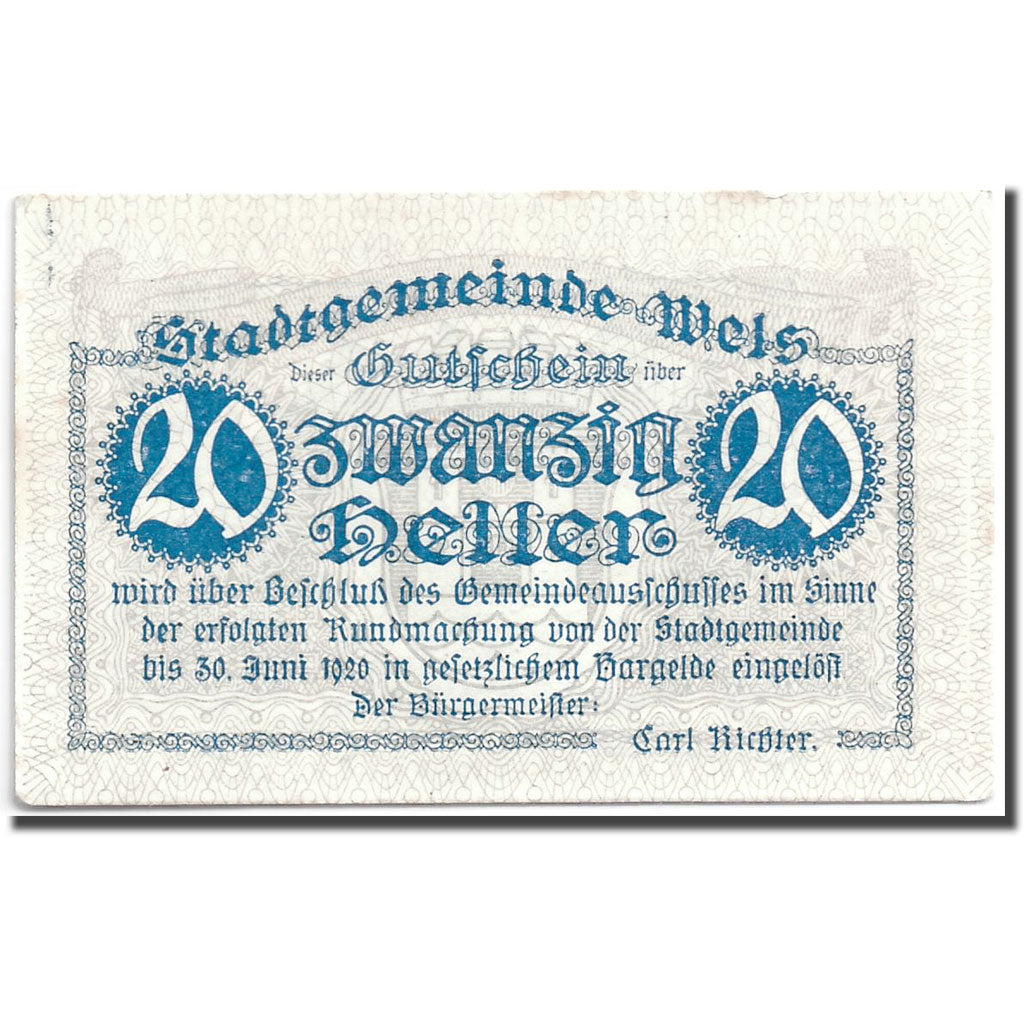 Banknote, Austria, Wels, 20 Heller, chateau 1, 1920, 1920-06-30, UNC(63)