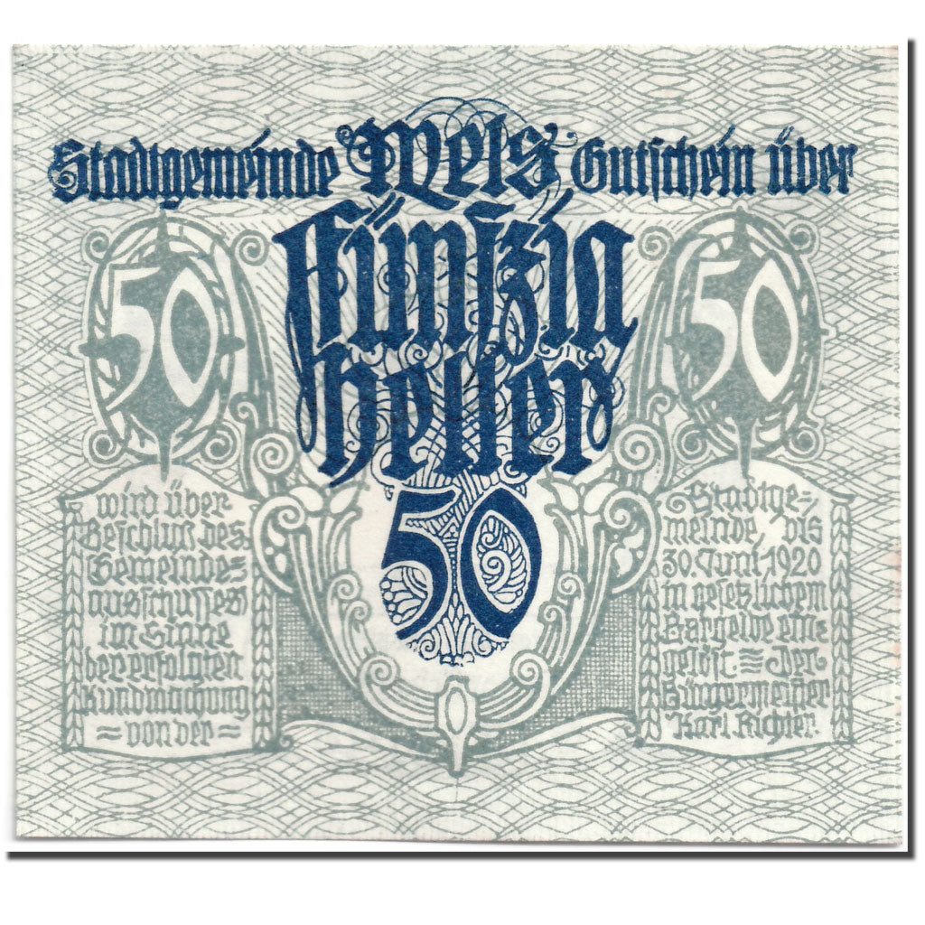 Banknote, Austria, Wels, 50 Heller, chevalier 1, 1920, 1920-06-30, UNC(63)