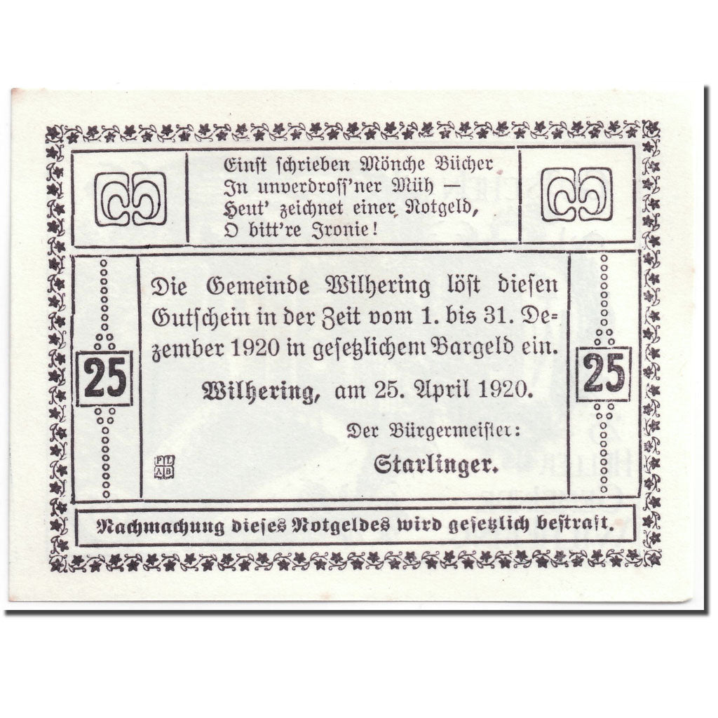 Banconote, Austria, Wilhering, 25 Heller, Eglise, 1920, 1920-04-25, SPL, Mehl:FS