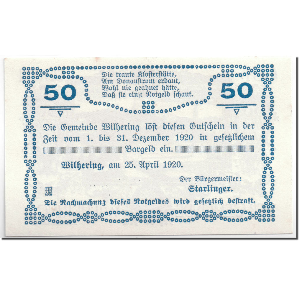 Banknote, Austria, Wilhering, 50 Heller, paysage, 1920, 1920-04-25, UNC(63)