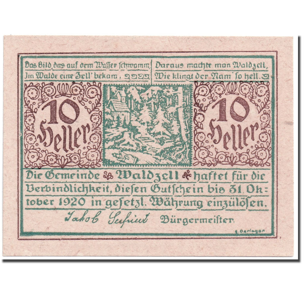 Banknote, Austria, Waldzell, 10 Heller, paysage, 1920, UNC(63), Mehl:1135