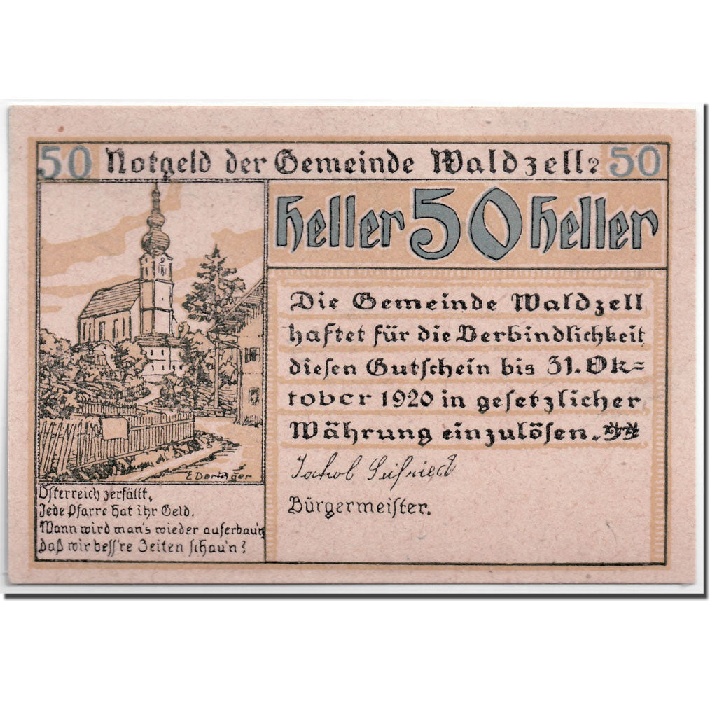 Geldschein, Österreich, Waldzell, 50 Heller, Eglise, 1920, UNZ-, Mehl:1135