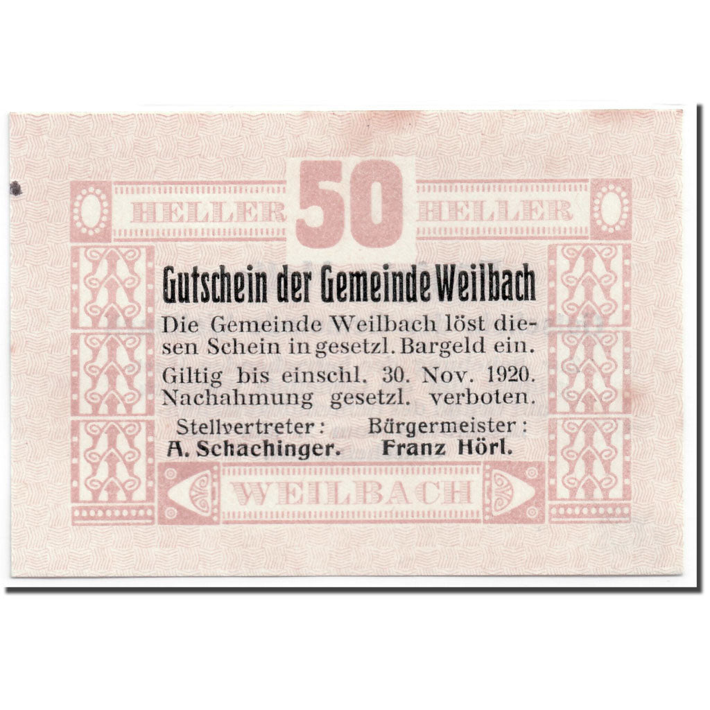 Geldschein, Österreich, Weilbach, 50 Heller, graphique, 1920, 1920-05-02, UNZ-