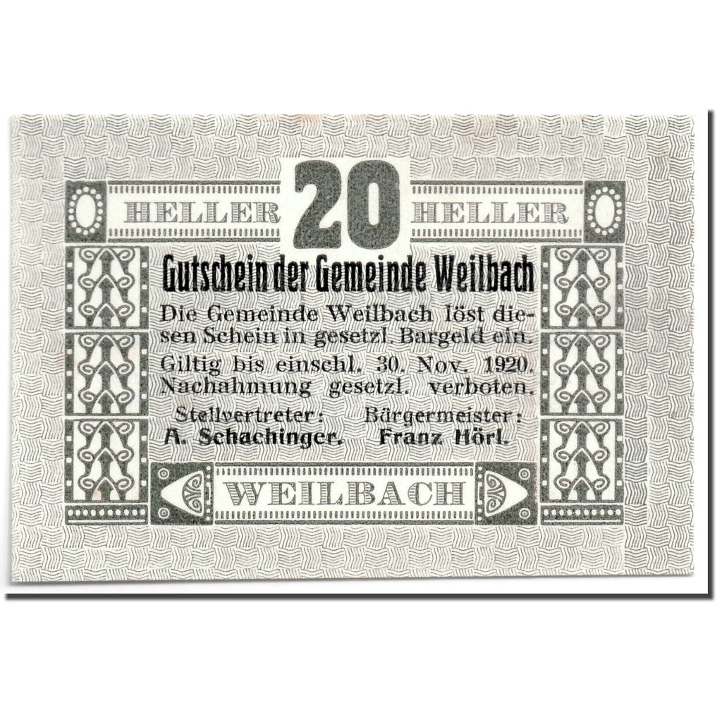 Geldschein, Österreich, Weilbach, 20 Heller, graphique, 1920, 1920-05-02, UNZ-