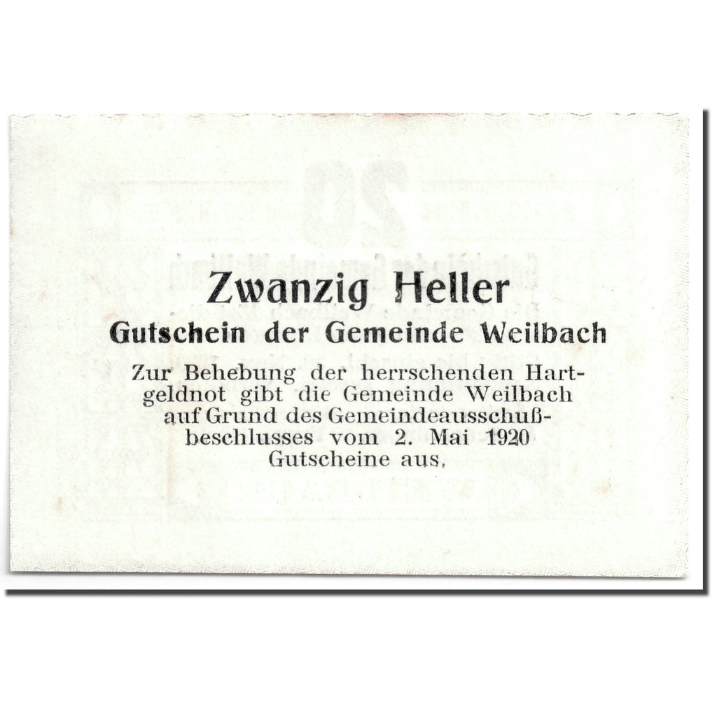 Geldschein, Österreich, Weilbach, 20 Heller, graphique, 1920, 1920-05-02, UNZ-