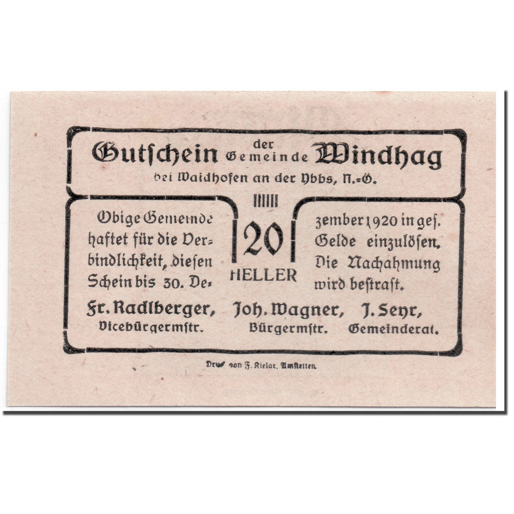 Geldschein, Österreich, Windhag, 20 Heller, paysage, 1920, UNZ-, Mehl:1244