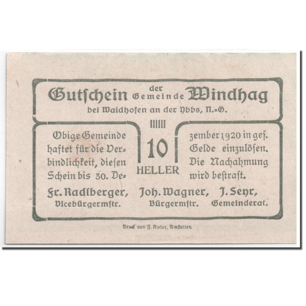 Banconote, Austria, Windhag, 10 Heller, paysage, 1920, SPL, Mehl:1244